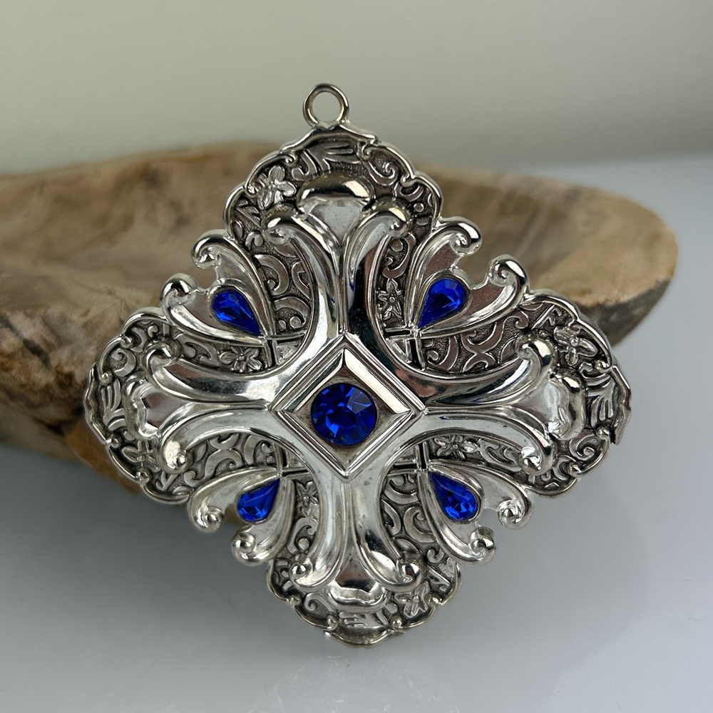 Towle Silver Plated & Blue Cross Pendant or Ornament Large Statement Piece